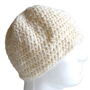 Ivory Skull Cap Gold Sparkle Short Beanie Winter Hat Handmade Crochet Hand Knit